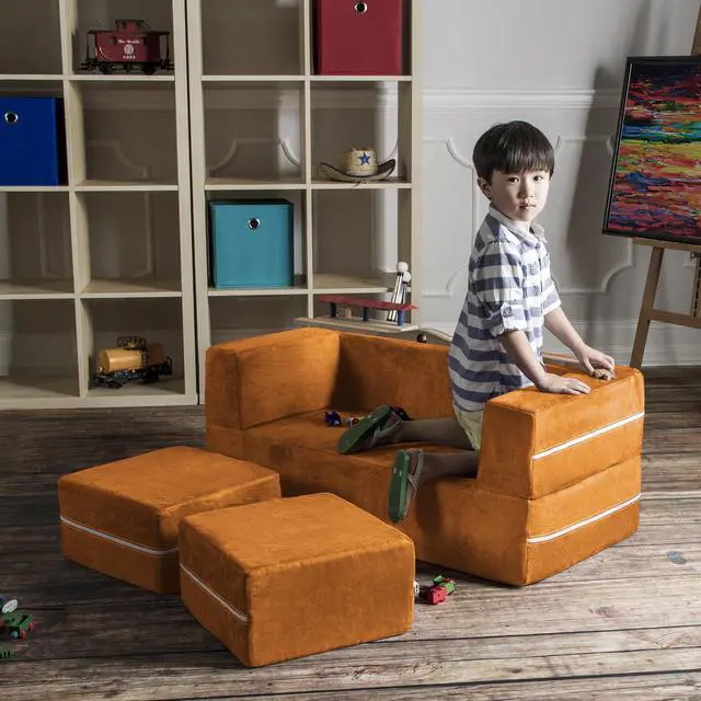 Alt view image 4 of 7 - Jaxx Zipline Modular Kids Loveseat & Ottomans, Mandarin