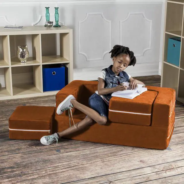 Alt view image 7 of 7 - Jaxx Zipline Modular Kids Loveseat & Ottomans, Mandarin