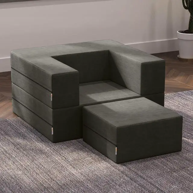 Alt view image 4 of 6 - Jaxx Zipline Convertible Sleeper Chair & Ottoman / Twin-Size Bed, Charcoal