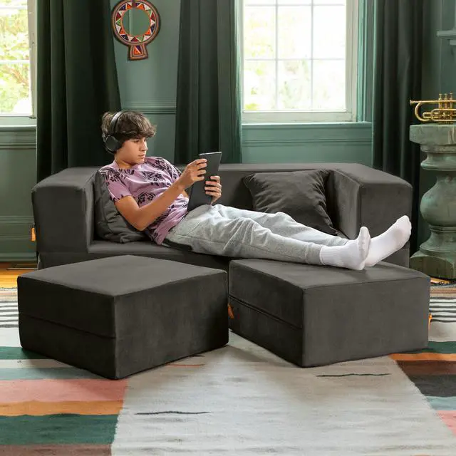 Alt view image 3 of 7 - Jaxx Zipline Convertible Sleeper Loveseat & Ottomans, Textured Microvelvet - Charcoal