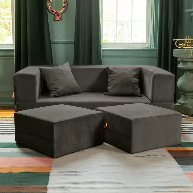 Main image of Jaxx Zipline Convertible Sleeper Loveseat & Ottomans, Textured Microvelvet - Charcoal