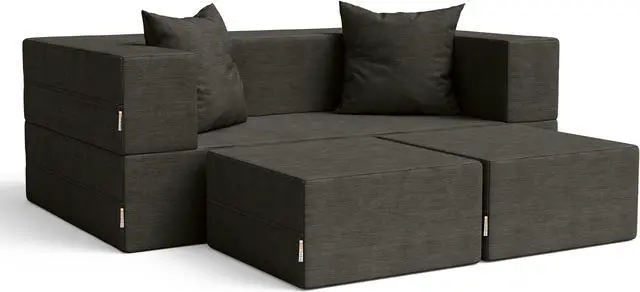 Alt view image 7 of 7 - Jaxx Zipline Convertible Sleeper Loveseat & Ottomans, Textured Microvelvet - Charcoal