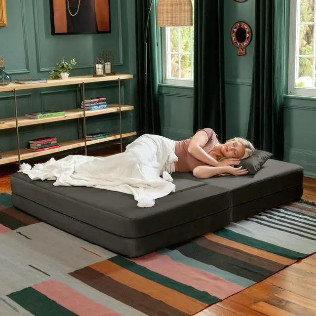 Alt view image 5 of 7 - Jaxx Zipline Convertible Sleeper Loveseat & Ottomans, Textured Microvelvet - Charcoal