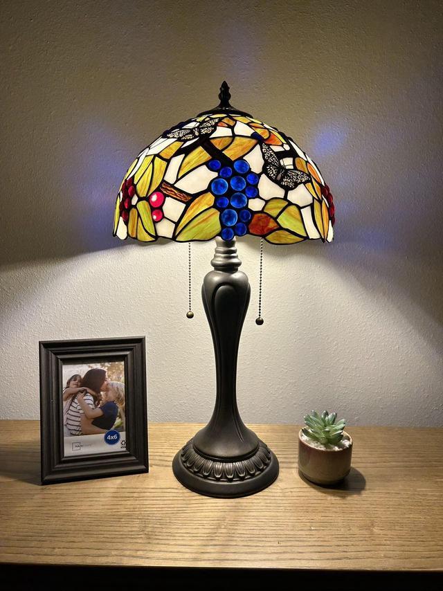 Main image of ENJOY DECOR LAMPS Tiffany Style Table Lamp Butterfly Blue Red Grapes Green Leaves Stained Glass LED Bulbs Included for Living Room Bedroom Bedside 12"W*12"D*22"H
