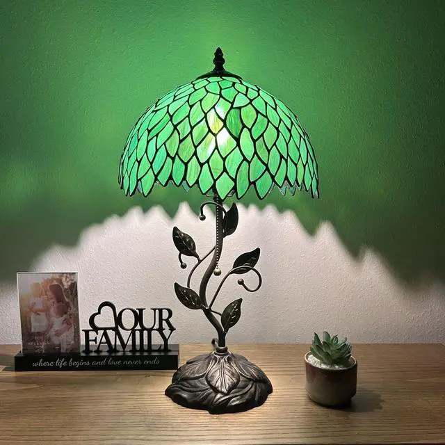 Main image of ENJOY DECOR LAMPS Tiffany Style Table Lamp Green Leaves Stained Glass Included LED Bulb for Living Room Bedroom Bedside 12"W*12"D*22"H