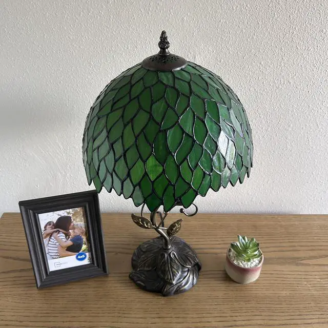 Alt view image 4 of 6 - ENJOY DECOR LAMPS Tiffany Style Table Lamp Green Leaves Stained Glass Included LED Bulb for Living Room Bedroom Bedside 12"W*12"D*22"H