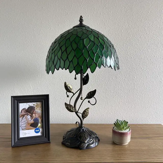 Alt view image 5 of 6 - ENJOY DECOR LAMPS Tiffany Style Table Lamp Green Leaves Stained Glass Included LED Bulb for Living Room Bedroom Bedside 12"W*12"D*22"H