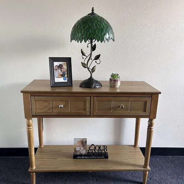 Alt view image 6 of 6 - ENJOY DECOR LAMPS Tiffany Style Table Lamp Green Leaves Stained Glass Included LED Bulb for Living Room Bedroom Bedside 12"W*12"D*22"H