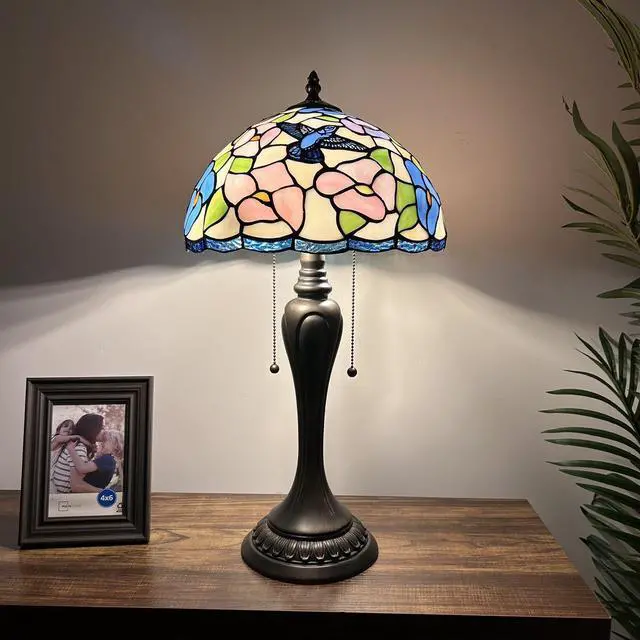 Main image of ENJOY DECOR LAMPS Tiffany Style Table Lamp Pink Blue Stained Glass Hummingbird Flowers for Living Room Bedroom Bedside 12"W*12"D*22"H