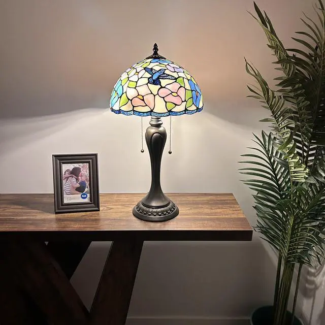 Alt view image 2 of 6 - ENJOY DECOR LAMPS Tiffany Style Table Lamp Pink Blue Stained Glass Hummingbird Flowers for Living Room Bedroom Bedside 12"W*12"D*22"H