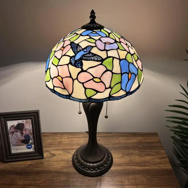 Alt view image 6 of 6 - ENJOY DECOR LAMPS Tiffany Style Table Lamp Pink Blue Stained Glass Hummingbird Flowers for Living Room Bedroom Bedside 12"W*12"D*22"H