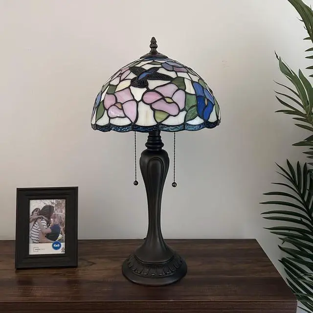 Alt view image 4 of 6 - ENJOY DECOR LAMPS Tiffany Style Table Lamp Pink Blue Stained Glass Hummingbird Flowers for Living Room Bedroom Bedside 12"W*12"D*22"H
