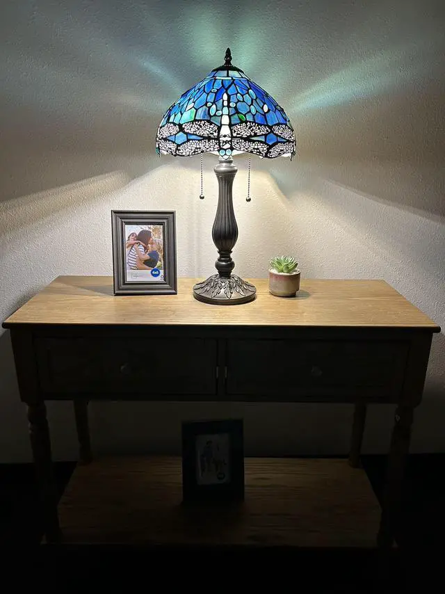 Alt view image 2 of 6 - ENJOY DECOR LAMPS Tiffany Style Table Lamp Blue Stained Glass Dragonfly LED Bulbs Included for Living Room Bedroom Bedside 12"W*12"D*22"H