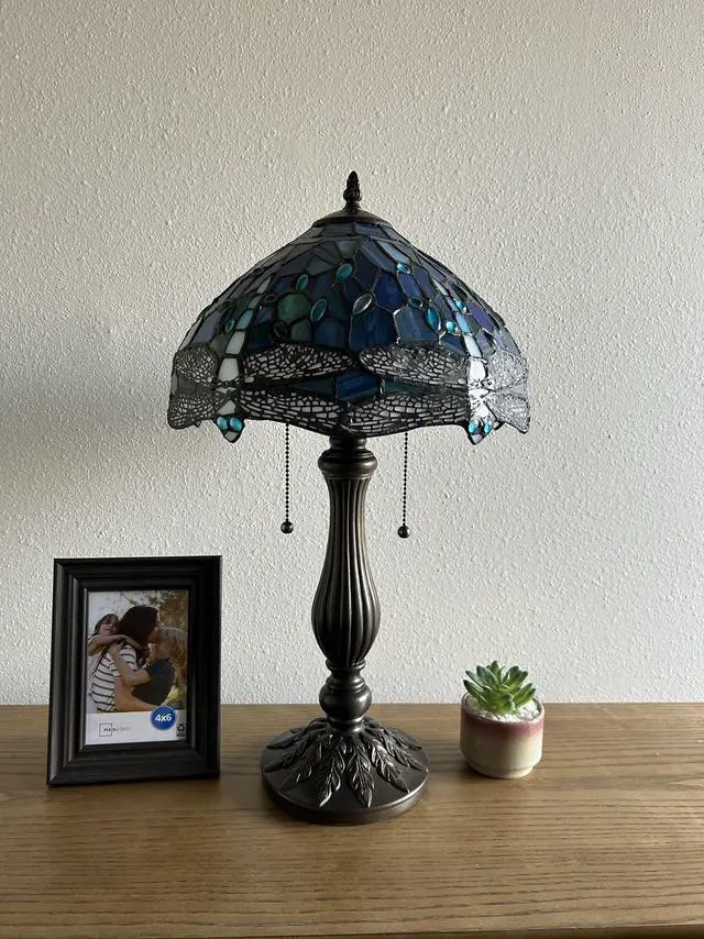 Alt view image 4 of 6 - ENJOY DECOR LAMPS Tiffany Style Table Lamp Blue Stained Glass Dragonfly LED Bulbs Included for Living Room Bedroom Bedside 12"W*12"D*22"H