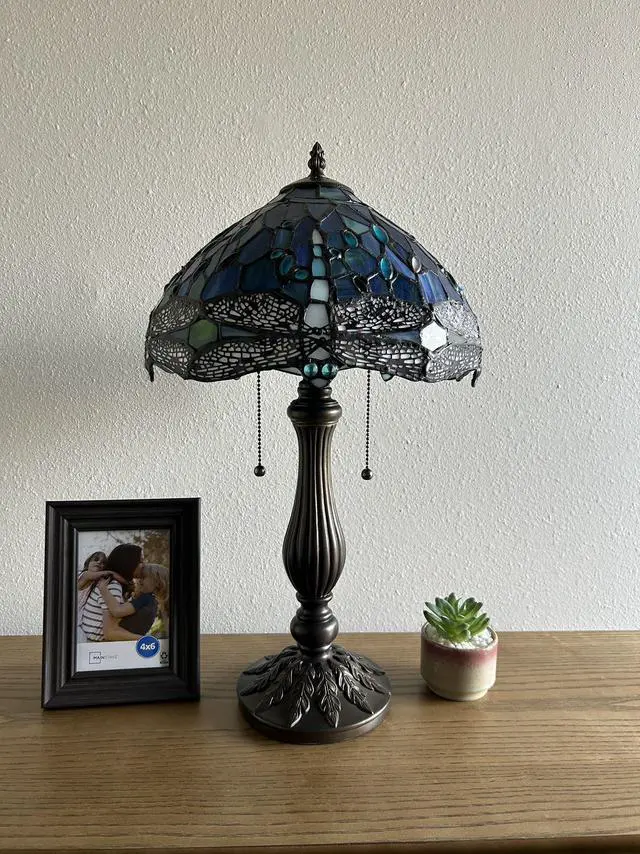 Alt view image 5 of 6 - ENJOY DECOR LAMPS Tiffany Style Table Lamp Blue Stained Glass Dragonfly LED Bulbs Included for Living Room Bedroom Bedside 12"W*12"D*22"H