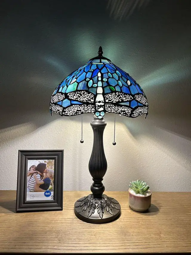 Main image of ENJOY DECOR LAMPS Tiffany Style Table Lamp Blue Stained Glass Dragonfly LED Bulbs Included for Living Room Bedroom Bedside 12"W*12"D*22"H