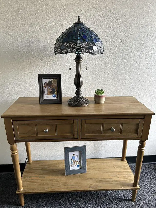 Alt view image 6 of 6 - ENJOY DECOR LAMPS Tiffany Style Table Lamp Blue Stained Glass Dragonfly LED Bulbs Included for Living Room Bedroom Bedside 12"W*12"D*22"H