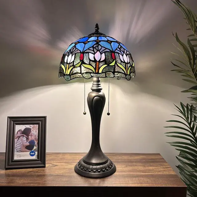 Main image of ENJOY DECOR LAMPS Tiffany Style Table Lamp Blue Purple Stained Glass Tulips LED Bulbs Included  For Living Room Bedroom Bedside  12"W*12"D*22"H