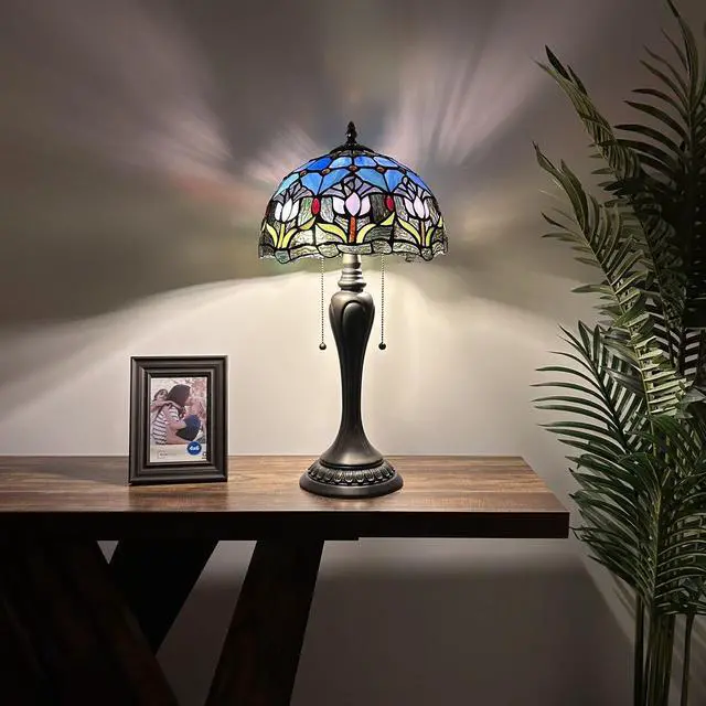 Alt view image 2 of 6 - ENJOY DECOR LAMPS Tiffany Style Table Lamp Blue Purple Stained Glass Tulips LED Bulbs Included  For Living Room Bedroom Bedside  12"W*12"D*22"H