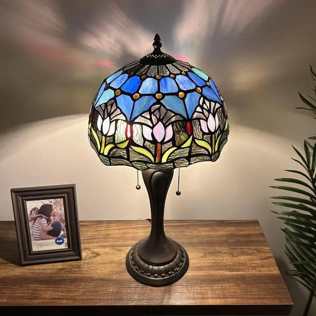 Alt view image 6 of 6 - ENJOY DECOR LAMPS Tiffany Style Table Lamp Blue Purple Stained Glass Tulips LED Bulbs Included  For Living Room Bedroom Bedside  12"W*12"D*22"H