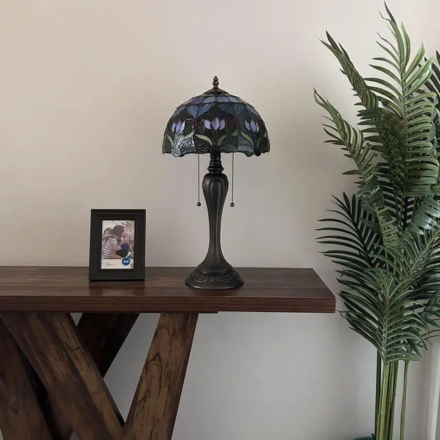Alt view image 3 of 6 - ENJOY DECOR LAMPS Tiffany Style Table Lamp Blue Purple Stained Glass Tulips LED Bulbs Included  For Living Room Bedroom Bedside  12"W*12"D*22"H