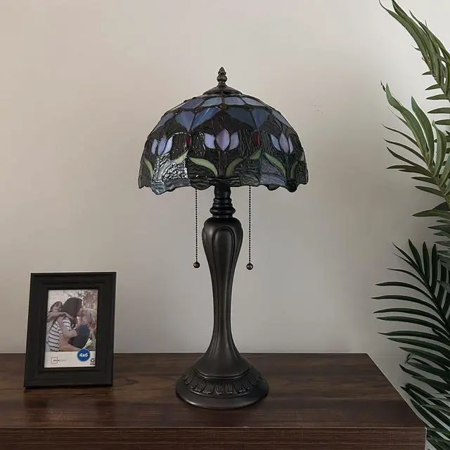 Alt view image 4 of 6 - ENJOY DECOR LAMPS Tiffany Style Table Lamp Blue Purple Stained Glass Tulips LED Bulbs Included  For Living Room Bedroom Bedside  12"W*12"D*22"H