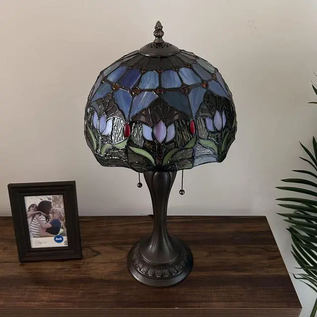Alt view image 5 of 6 - ENJOY DECOR LAMPS Tiffany Style Table Lamp Blue Purple Stained Glass Tulips LED Bulbs Included  For Living Room Bedroom Bedside  12"W*12"D*22"H
