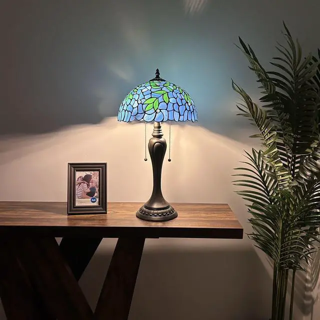 Alt view image 2 of 6 - ENJOY DECOR LAMPS Tiffany Style Table Lamp Blue Stained Glass Green Leaves LED Bulbs Included Vintage For Living Room Bedroom Bedside 12"W*12"D*22"H