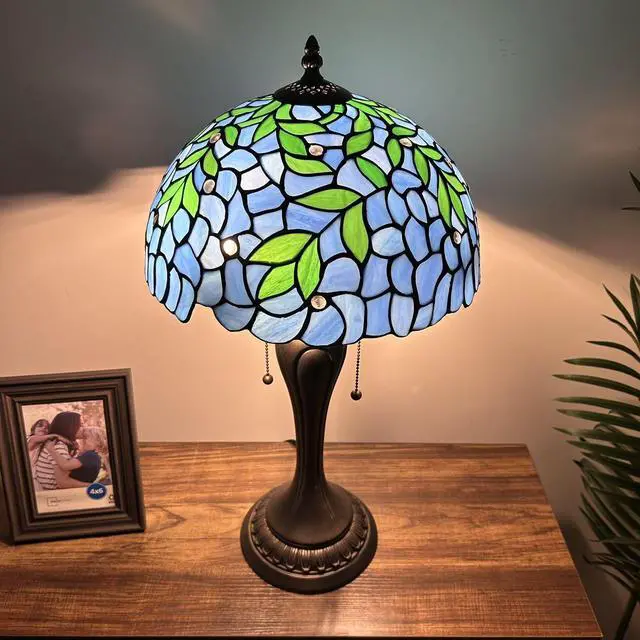 Alt view image 6 of 6 - ENJOY DECOR LAMPS Tiffany Style Table Lamp Blue Stained Glass Green Leaves LED Bulbs Included Vintage For Living Room Bedroom Bedside 12"W*12"D*22"H