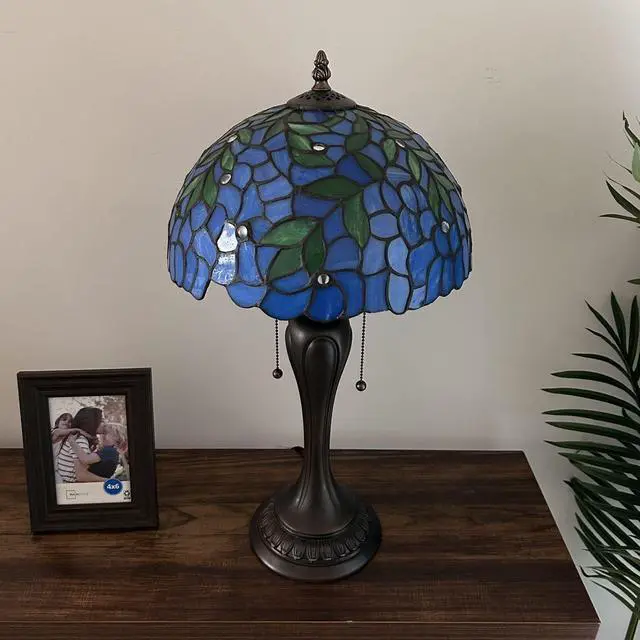Alt view image 5 of 6 - ENJOY DECOR LAMPS Tiffany Style Table Lamp Blue Stained Glass Green Leaves LED Bulbs Included Vintage For Living Room Bedroom Bedside 12"W*12"D*22"H