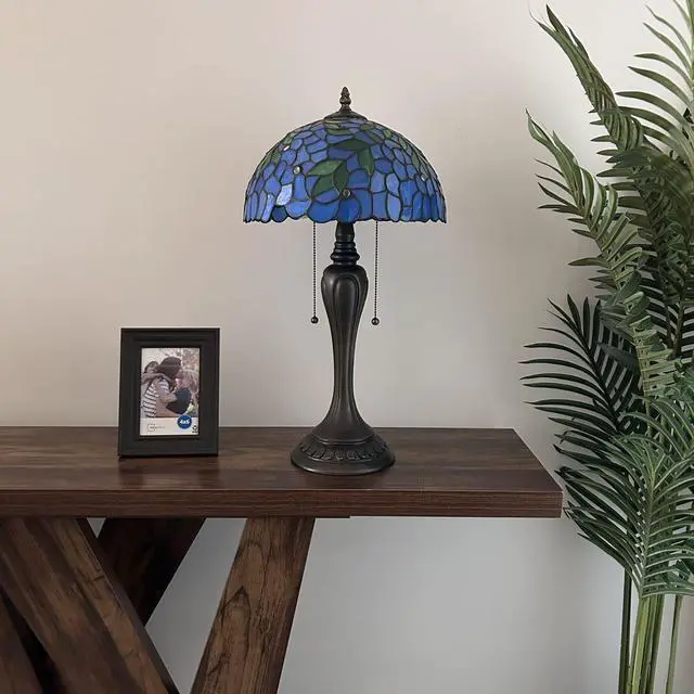 Alt view image 3 of 6 - ENJOY DECOR LAMPS Tiffany Style Table Lamp Blue Stained Glass Green Leaves LED Bulbs Included Vintage For Living Room Bedroom Bedside 12"W*12"D*22"H