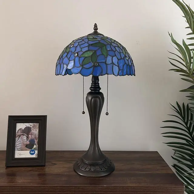 Alt view image 4 of 6 - ENJOY DECOR LAMPS Tiffany Style Table Lamp Blue Stained Glass Green Leaves LED Bulbs Included Vintage For Living Room Bedroom Bedside 12"W*12"D*22"H