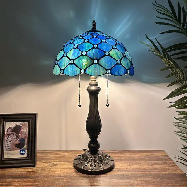 Main image of ENJOY DECOR LAMPS Tiffany Style Table Lamp Blue Green Stained Glass Crystal Beans Included LED Bulbs for Living Room Bedroom Bedside 12"W*12"D*22"H