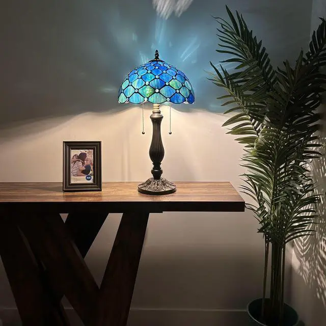 Alt view image 2 of 3 - ENJOY DECOR LAMPS Tiffany Style Table Lamp Blue Green Stained Glass Crystal Beans Included LED Bulbs for Living Room Bedroom Bedside 12"W*12"D*22"H
