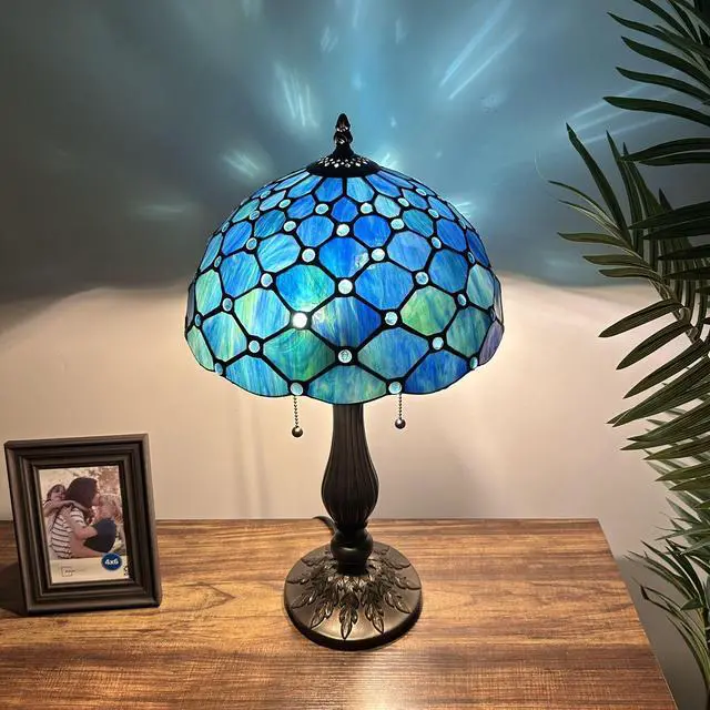 Alt view image 3 of 3 - ENJOY DECOR LAMPS Tiffany Style Table Lamp Blue Green Stained Glass Crystal Beans Included LED Bulbs for Living Room Bedroom Bedside 12"W*12"D*22"H