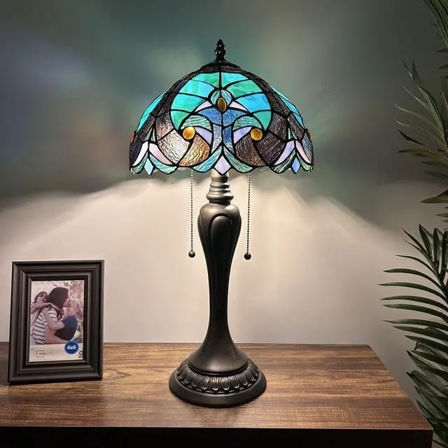 Main image of ENJOY DECOR LAMPS Tiffany Style Table Lamp Green Brown Stained Glass LED Bulbs Included for Living Room Bedroom Bedside 12"W*12"D*22"H