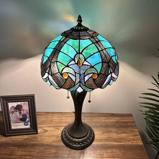 Alt view image 6 of 6 - ENJOY DECOR LAMPS Tiffany Style Table Lamp Green Brown Stained Glass LED Bulbs Included for Living Room Bedroom Bedside 12"W*12"D*22"H