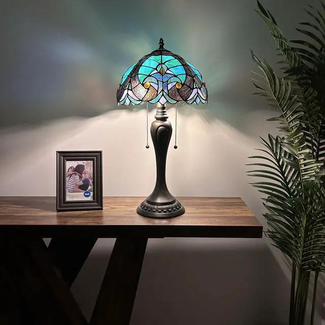 Alt view image 2 of 6 - ENJOY DECOR LAMPS Tiffany Style Table Lamp Green Brown Stained Glass LED Bulbs Included for Living Room Bedroom Bedside 12"W*12"D*22"H
