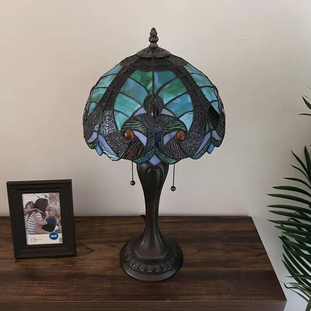 Alt view image 5 of 6 - ENJOY DECOR LAMPS Tiffany Style Table Lamp Green Brown Stained Glass LED Bulbs Included for Living Room Bedroom Bedside 12"W*12"D*22"H