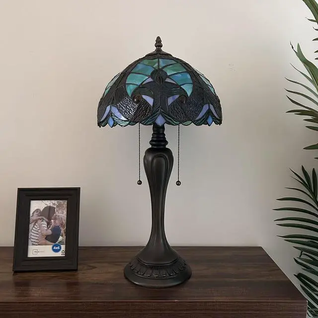 Alt view image 4 of 6 - ENJOY DECOR LAMPS Tiffany Style Table Lamp Green Brown Stained Glass LED Bulbs Included for Living Room Bedroom Bedside 12"W*12"D*22"H