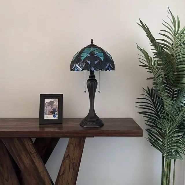 Alt view image 3 of 6 - ENJOY DECOR LAMPS Tiffany Style Table Lamp Green Brown Stained Glass LED Bulbs Included for Living Room Bedroom Bedside 12"W*12"D*22"H