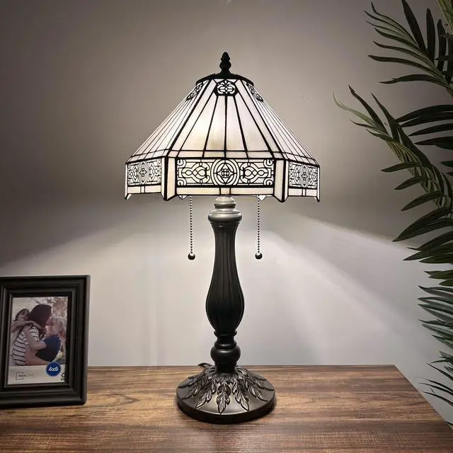 Main image of ENJOY DECOR LAMPS Tiffany Style Table Lamp White Hexagon Stained Glass Mission for Living Room Bedroom Bedside 12"W*12"D*22"H