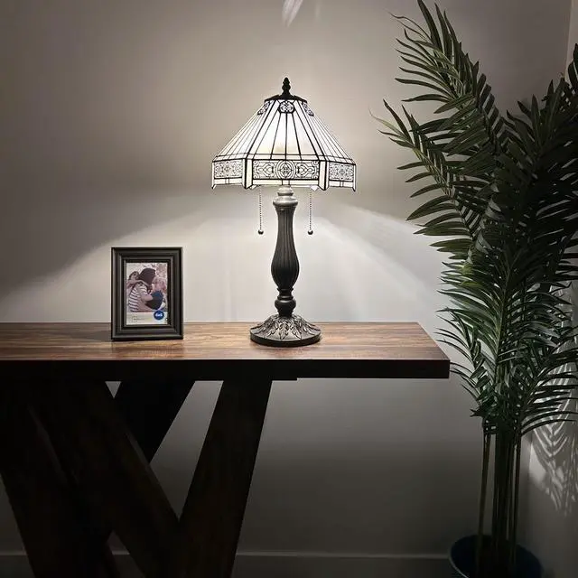 Alt view image 2 of 6 - ENJOY DECOR LAMPS Tiffany Style Table Lamp White Hexagon Stained Glass Mission for Living Room Bedroom Bedside 12"W*12"D*22"H