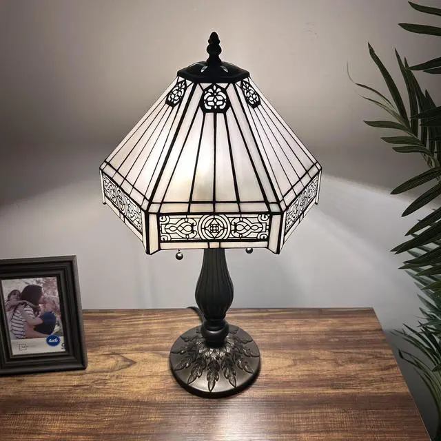 Alt view image 6 of 6 - ENJOY DECOR LAMPS Tiffany Style Table Lamp White Hexagon Stained Glass Mission for Living Room Bedroom Bedside 12"W*12"D*22"H