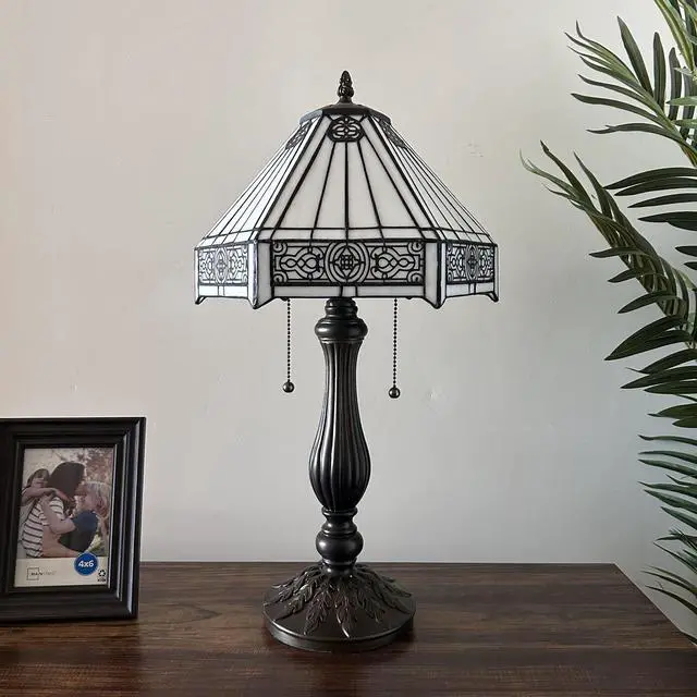 Alt view image 4 of 6 - ENJOY DECOR LAMPS Tiffany Style Table Lamp White Hexagon Stained Glass Mission for Living Room Bedroom Bedside 12"W*12"D*22"H