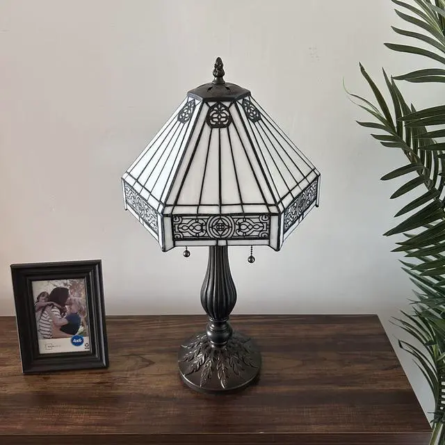 Alt view image 5 of 6 - ENJOY DECOR LAMPS Tiffany Style Table Lamp White Hexagon Stained Glass Mission for Living Room Bedroom Bedside 12"W*12"D*22"H