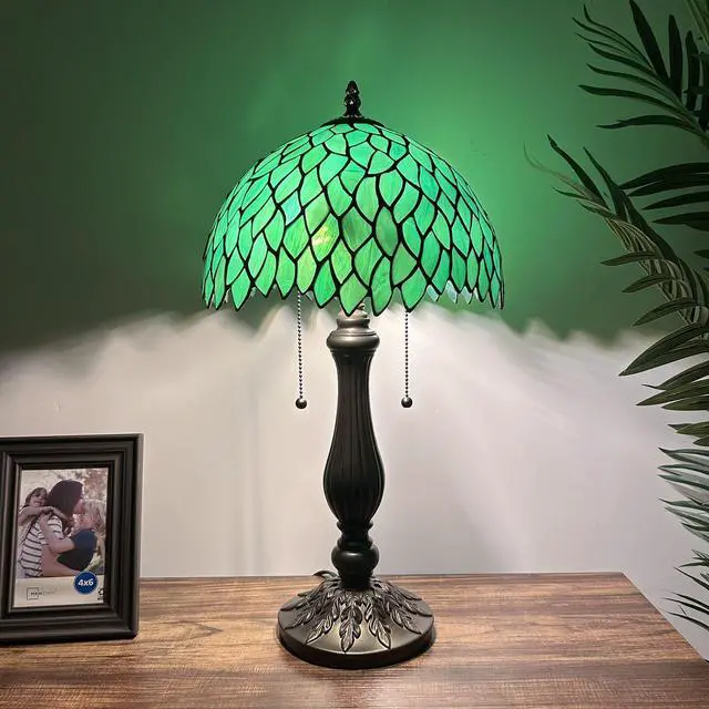 Main image of ENJOY DECOR LAMPS Tiffany Style Table Lamp Green Stained Glass Green Leaves Included LED Bulbs Pull Chain Switches for Living Room Bedroom Bedside 12"W*12"D*22"H