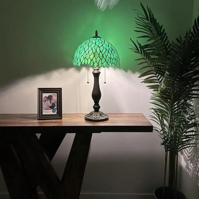 Alt view image 2 of 6 - ENJOY DECOR LAMPS Tiffany Style Table Lamp Green Stained Glass Green Leaves Included LED Bulbs Pull Chain Switches for Living Room Bedroom Bedside 12"W*12"D*22"H