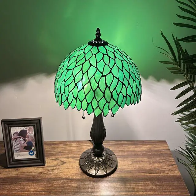 Alt view image 6 of 6 - ENJOY DECOR LAMPS Tiffany Style Table Lamp Green Stained Glass Green Leaves Included LED Bulbs Pull Chain Switches for Living Room Bedroom Bedside 12"W*12"D*22"H