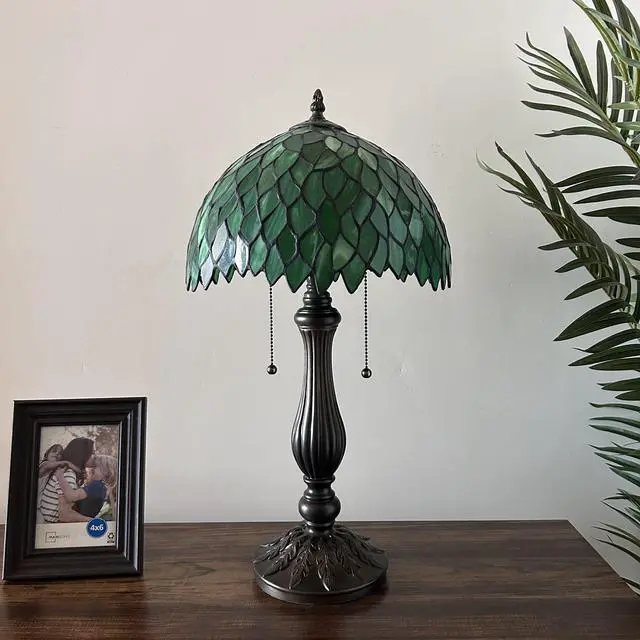 Alt view image 4 of 6 - ENJOY DECOR LAMPS Tiffany Style Table Lamp Green Stained Glass Green Leaves Included LED Bulbs Pull Chain Switches for Living Room Bedroom Bedside 12"W*12"D*22"H